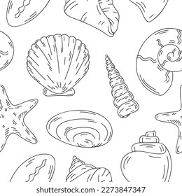 Outline sketch seashells seamless pattern on white background.