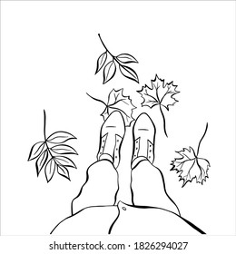 Skizze von weiblichen Beinen in Schuhen und Jeans auf dem Hintergrund mit gefallenen Herbstblättern, Draufsicht. Vektorgrafik, handgezeichnet, lineare Illustration einzeln auf weißem Hintergrund.