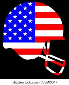 Outline sketch silhouette of a football helmet in blue set on a Stars and Stripes background