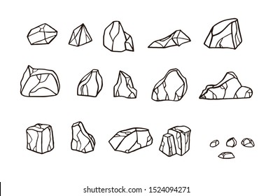 Outline sketch stone set. Vector illustration. Different rock blocks.