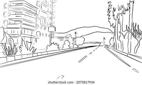 Outline sketch of street with road, buildings and trees on the sides