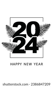 Outline Sketch Style 2024 Happy New Year Creative Card Design. New Year and Christmas Banner Design with Silhouette Bşack Christmas Cypress or Pine Leaves. Outline Sketch with Christmas tree branch. 