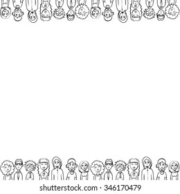 Outline sketch style vector background for text with people. Template for frame with crowd of men and women. Vector blank.