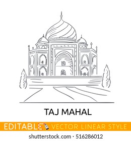 Dibujo de esquema Taj Mahal. Edificio de cascos. Siete maravillas del mundo. Turismo en India. Vector de stock