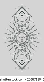 Outline sketch tattoo mystical crescents, sun with face and frame with arrows. Vector linear isolated illustration in boho style. Magical background with occult symbols. Cover for tarot card 