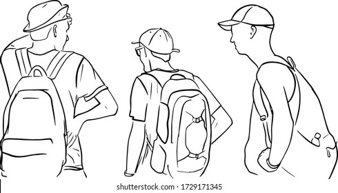 Outline sketch of three boys traveler talk back view in doodle style