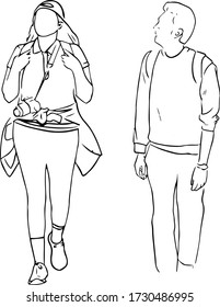 Outline sketch tourist woman with camera and man walk in full length in doodle style