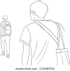 Outline sketch of two men walk close up and full length back view in doodle style