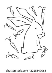 Outline sketch vector illustration rabbit, isolated on a white background. Bunny sitting in front. Black and white minimal Lin art drawing hare. Symbol of the year 2023, Easter rabbit.