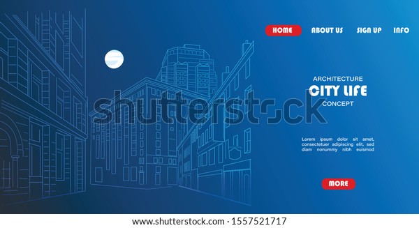 Outline sketch vector of\
an town city with signs and straight architecture. Architecture\
life site template