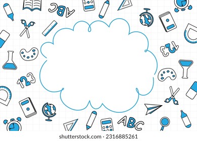 Outline Sketch Welcome Back To School Background With Text Space Area. Concept Of Education School Chalkboard With Different Stuff.