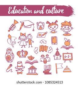 Outline sketched icons set - education and culture. Line art. Pencil drawing. Vector illustration. Doodle set. 