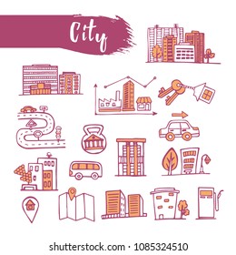 Outline sketched icons set urban theme. Line art city. Pencil drawing. Vector illustration.