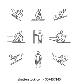 Outline skiing icons set. Linear figure skier. Line art sport symbols