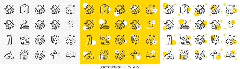 Outline Skin cream, Lounger and Sunscreen line icons pack for web with Sun protection, T-shirt, Pants line icon. Uv protection, Vitamin h, Vitamin k pictogram icon. Pantothenic acid. Vector