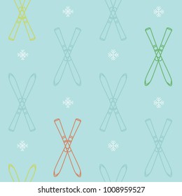 Outline skis and snowflakes - vector background