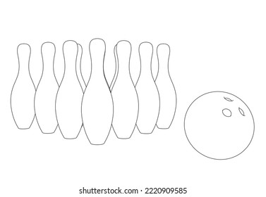 Outline of skittles with a bowling ball made of black lines isolated on a white background. Front view. 3D. Vector illustration.