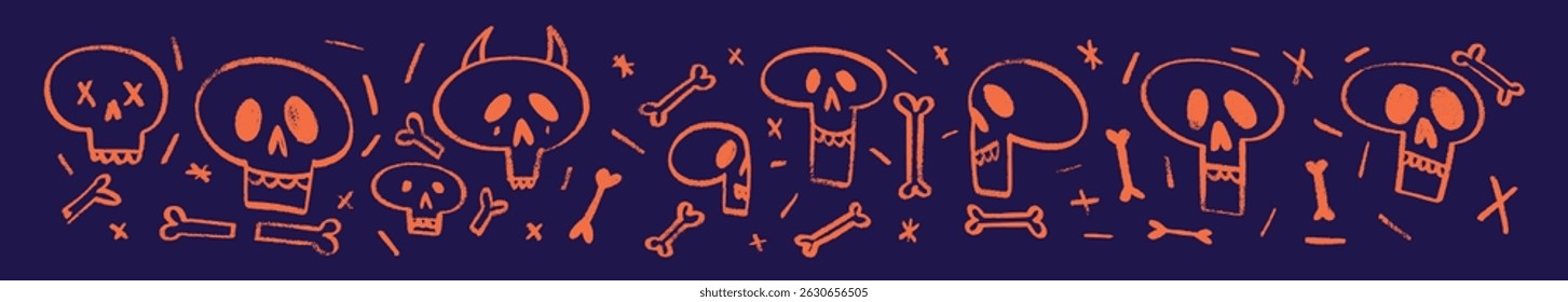 Outline of skull with crossbones in crayon drawing style, pirate theme vector art. Flat vector illustration isolated