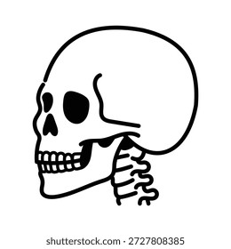 Outline skull and neck bones side-view icon representing anatomy, skeletal structure, medical study, and biology learning. Clean line style for healthcare and science visuals.