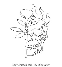 Outline Skull with Rose and Flame Line Art
