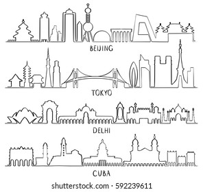 Outline Skyline With City Landmarks (Beijing, Tokyo, New Delhi, Cuba)