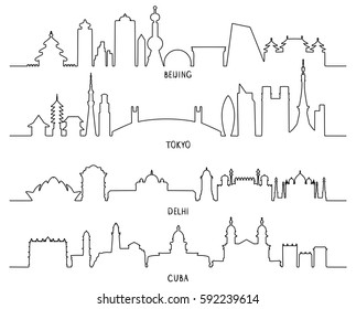 Outline Skyline with city Landmarks (Beijing, Tokyo, New Delhi, Cuba). Business Travel and Tourism Concept 