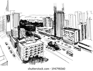  Outline of skyline of Nairobi skyscrapers, Kenya - vector illustration in a contrast sketchy style