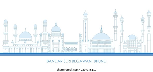 Outline Skyline panorama of city of Bandar Seri Begawan, Brunei - vector illustration
