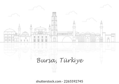 Outline Skyline panorama of city of Bursa, Turkiye - vector illustration