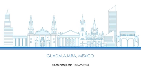 Outline Skyline panorama of city of Guadalajara, Mexico - vector illustration