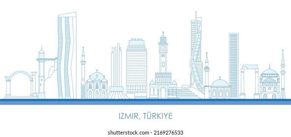 Outline Skyline panorama of city of Izmir, Turkiye - vector illustration
