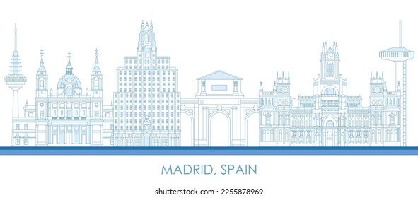 Outline Skyline panorama of city of Madrid, Spain - vector illustration