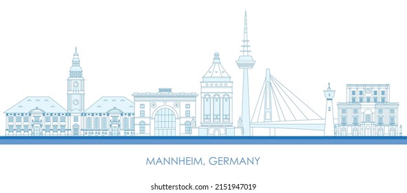 Outline Skyline panorama of city of Mannheim, Germany - vector illustration