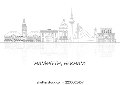 Outline Skyline panorama of city of Mannheim, Germany - vector illustration