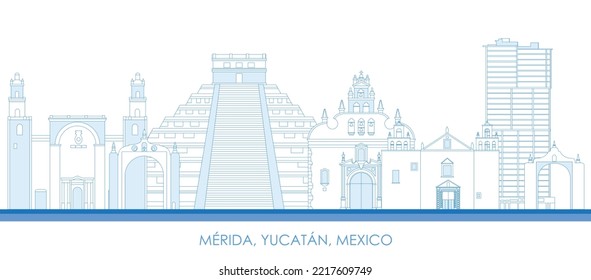 Outline Skyline panorama of city of Merida, Yucatan, Mexico - vector illustration