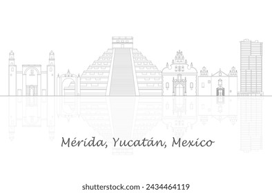 Outline Skyline panorama of city of Merida, Yucatan, Mexico - vector illustration