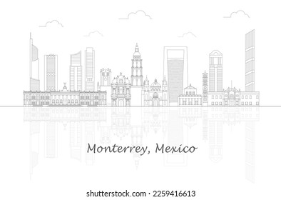 Outline Skyline panorama of city of Monterrey, Mexico - vector illustration