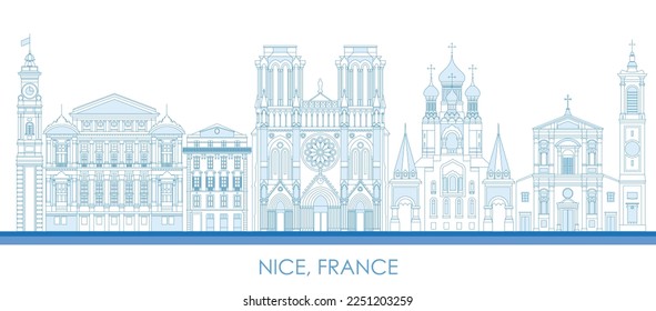 Outline Skyline panorama of City of Nice, France - vector illustration