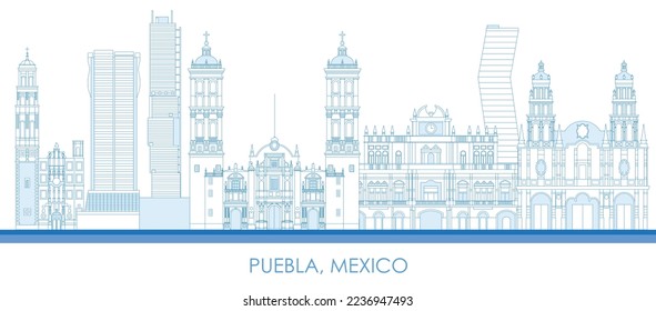 Outline Skyline panorama of city of Puebla, Mexico - vector illustration