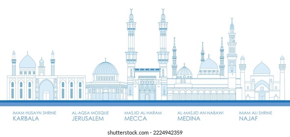 Panorama de contorno de líneas horizontales de las mezquitas más famosas - ilustración vectorial