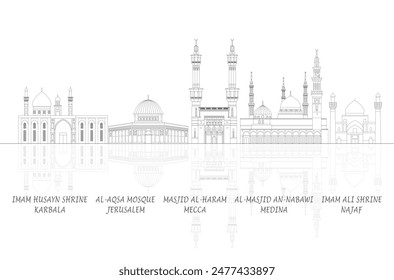 Outline Skyline Panorama of the Most Famous Mosques - vector illustration