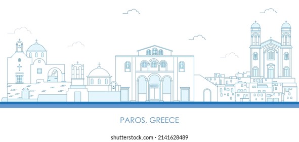 Outline Skyline panorama of Paros island, Cyclades, Greece