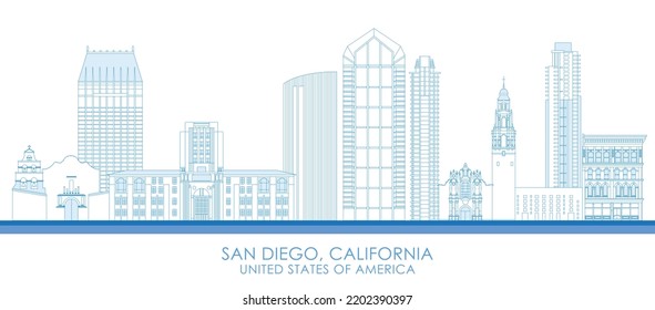 Panorama Skyline de esquema de San Diego, California, Estados Unidos - ilustración vectorial