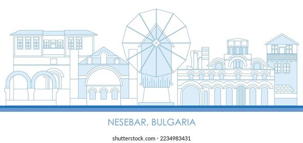 Outline Skyline panorama of town of Nessebar, Bulgaria - vector illustration