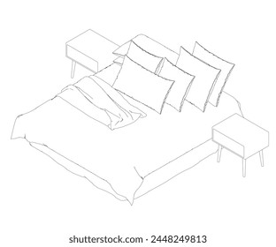 Outline of a sleeping bed with an unmade blanket and pillows from black lines isolated on a white background. Isometric View. Vector illustration. 3D.