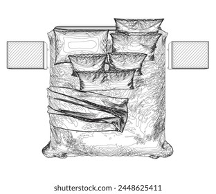Outline of a sleeping bed with an unmade blanket and pillows from black lines isolated on a white background. View from above. Vector illustration.