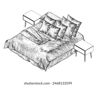 Outline of a sleeping bed with an unmade blanket and pillows from black lines isolated on a white background. Isometric View. Vector illustration. 3D.