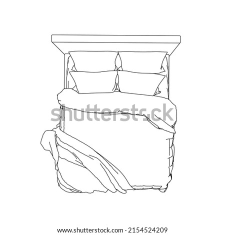 Outline of a sleeping bed with an unmade blanket and pillows from black lines isolated on a white background. View from above. Vector illustration.