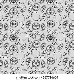 Outline of a slice of lemon and whole fruit, with small leaves, creates a very interesting pattern. It can be used for greeting cards, invitations, your design, menu, packaging. 