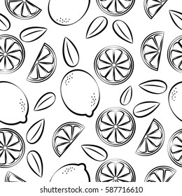 Outline of a slice of lemon and whole fruit, with small leaves, creates a very interesting pattern. It can be used for greeting cards, invitations, your design, menu, packaging. 